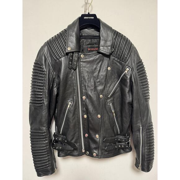 IK Leather Jacket Mens Large Black Biker Moto Asymmetrical Zip Quilted Ribbed - Picture 2 of 16